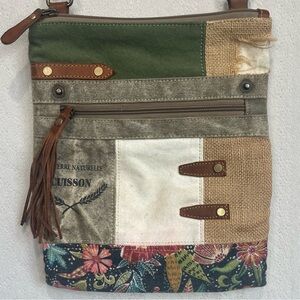 Myra Bag Boho Mixed Media Cotton Leather Canvas Burlap Patchwork Shoulder Bag
